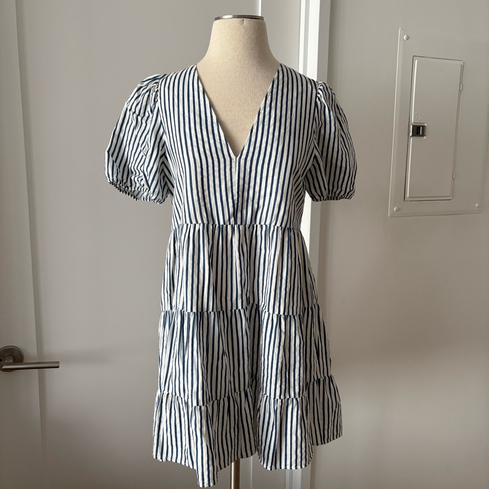 ZARA Linen Blend Blue & White Stripe Short Sleeve V Neck Dress sz S